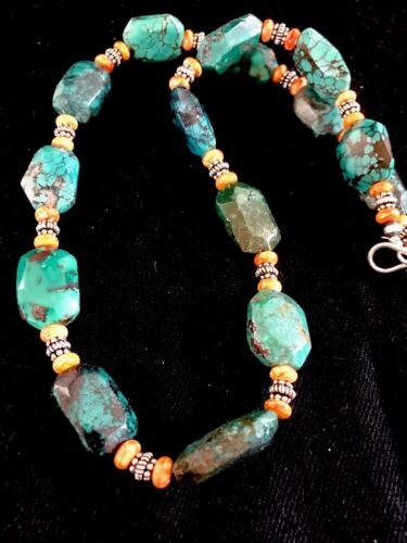 Navajo Green Turquoise Spiny Oyster Bead Necklace | Sterling Silver | Southwestern Handmade | 22" | 3221