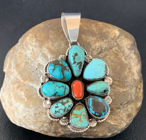 Navajo Cluster Coral Spiderweb Turquoise Pendant | Sterling Silver | Authentic Native American Handmade | 2228