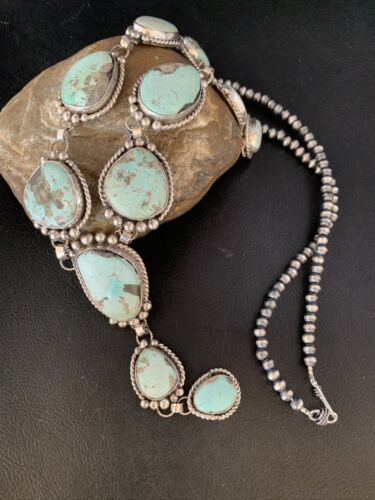 Navajo Blue Turquoise Lariat Necklace | Dry Creek Sterling Silver | 30" | Native American Handmade | 13773