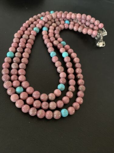 Navajo Turquoise Rhodochrosite Necklace | Sterling Silver | 3 Strand | Authentic Native American Handmade | 01993