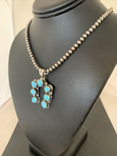 Navajo Sterling Silver Blue Turquoise Squash Blossom Necklace with Naja Pendant | 02011