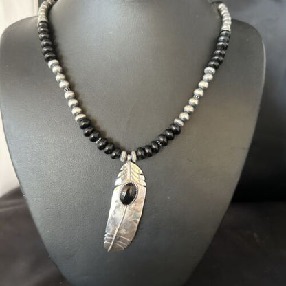 Navajo Pearls Black Onyx Necklace Pendant | Sterling Silver | Authentic Native American Handmade | 14626
