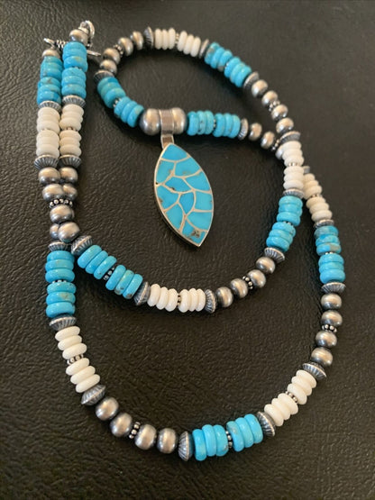 Zuni Turquoise Howlite Inlay Necklace Pendant | Sterling Silver | Authentic Native American Handmade | 02091