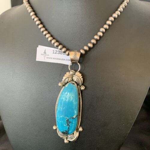 Men's Navajo Pearls Necklace with Blue Kingman Turquoise Pendant | Sterling Silver | Native American Handmade | 12381