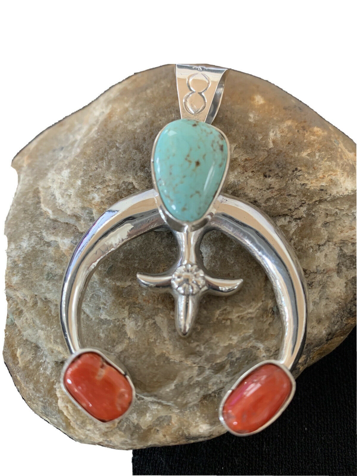 Navajo Pearls Necklace with Royston Turquoise & Coral Naja Pendant | Sterling Silver | 01428
