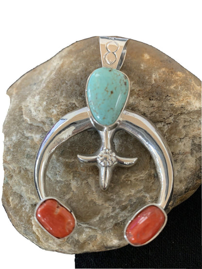Navajo Pearls Necklace with Royston Turquoise & Coral Naja Pendant | Sterling Silver | 01428