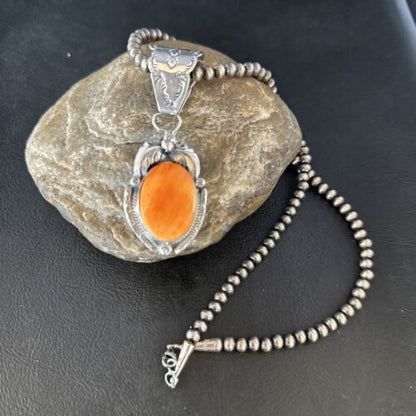 Navajo Orange Spiny Oyster Pendant Necklace | Sterling Silver | Authentic Native American Handmade | 14682