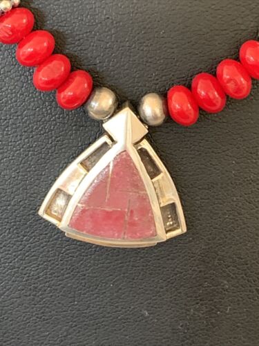 Navajo Pearls Necklace Pendant | Sterling Silver Onyx & Coral Inlay | Authentic Native American Handmade | 1930