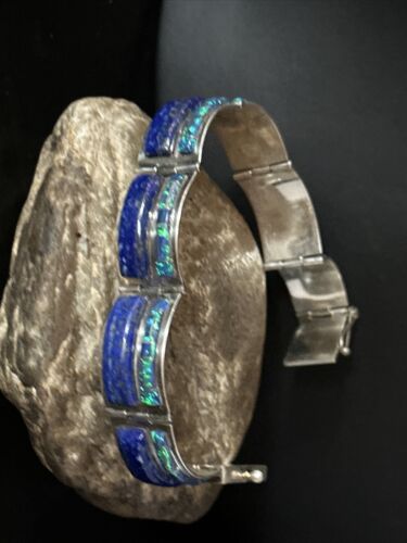 Native American Women's Blue Opal Lapis Inlay Link Bracelet | 7" | Sterling Silver | 14272