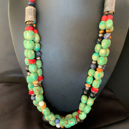 Multi-Color Green Turquoise Spiny Lapis Necklace | 3-Strand Sterling Silver | 13954