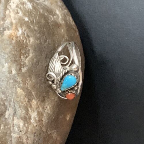 Navajo Blue Kingman Turquoise Coral Ring | Authentic Native American Sterling Silver | Multi-Stone | Sz 6.5 | 13575