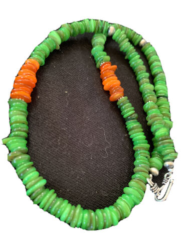 Navajo Pearls Necklace | Orange Green Mother of Pearls | Sterling Silver | Authentic Native American Handmade | 20" | 1053