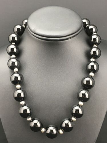 Navajo Sterling Silver Black Onyx Bead Necklace | 18" | Authentic Native American Handmade | 1104
