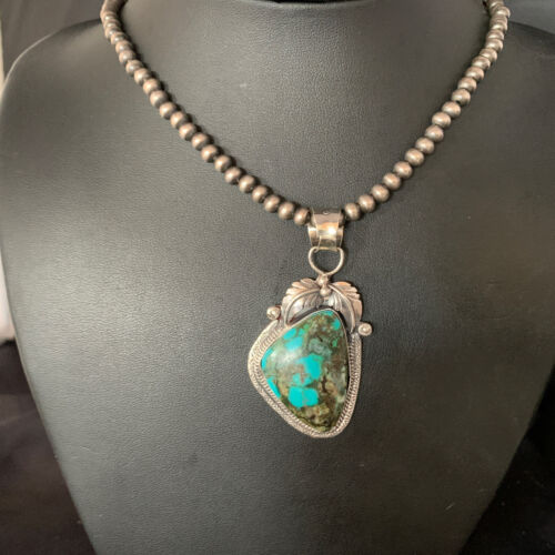 Navajo Spiderweb Turquoise Pendant Necklace | 2.25" | Sterling Silver | Authentic Native American Handmade | 13979