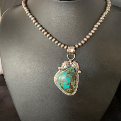 Navajo Spiderweb Turquoise Pendant Necklace | 2.25" | Sterling Silver | Authentic Native American Handmade | 13979