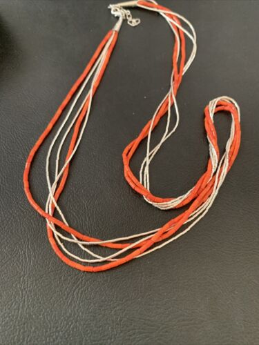Navajo Coral Tube Beads Liquid Silver Heishi 5-Strand Necklace | Sterling Silver | 02181