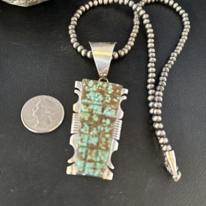 Authentic Native American Navajo Blue Turquoise Necklace Pendant | Sterling Silver | 8" | 14462