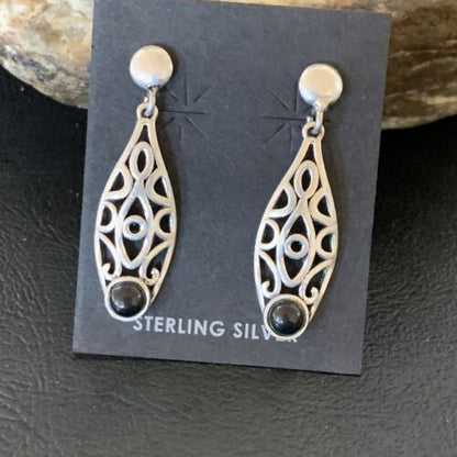 Navajo Black Onyx Drop Earrings | Sterling Silver | 1.25" | Authentic Native American Handmade | 12650