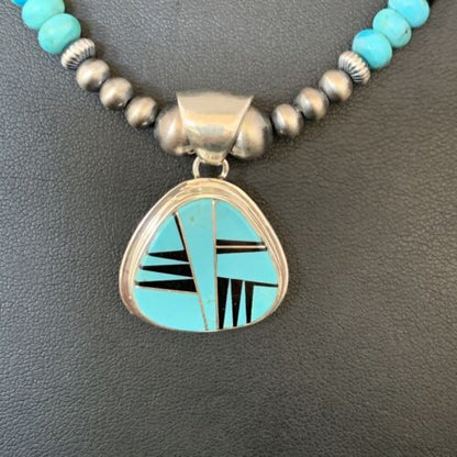 Navajo Inlay Blue Turquoise Onyx Pendant Necklace | Sterling Silver | Authentic Native American Handmade | 13656