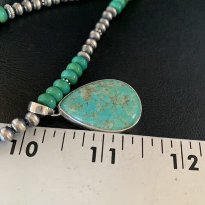 Navajo Pearl Green Royston Turquoise Pendant Necklace | Sterling Silver | 21" | Authentic Native American Handmade | 13911