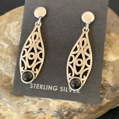 Navajo Black Onyx Drop Earrings | Sterling Silver | 1.25" | Authentic Native American Handmade | 12650