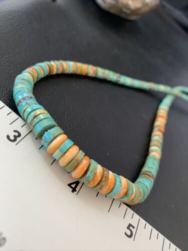Navajo Green Turquoise & Orange Spiny Oyster Graduated Heishi Necklace | Sterling Silver | Authentic Native American | 20" | 11774