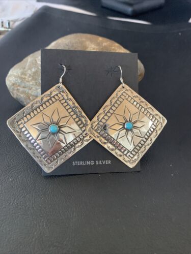 Native Navajo Turquoise Sterling Silver Stamped Handmade Earrings 1211
