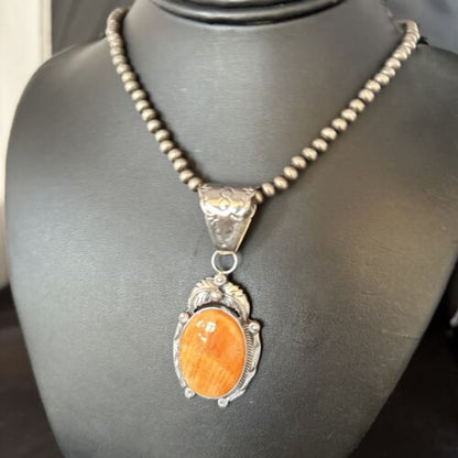 Navajo Pearls Necklace with Orange Spiny Oyster Pendant | Sterling Silver | Authentic Native American Handmade | 14720