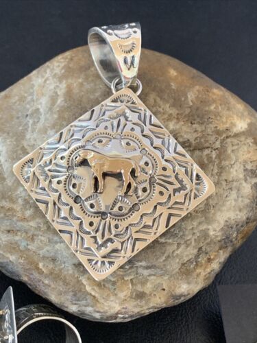 Navajo Sterling Silver & Brass Horse Pendant Earrings Ring Set | Sz 12 | Authentic Native American Handmade | 1212