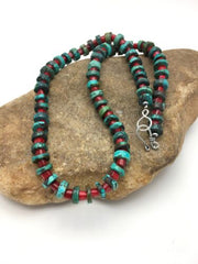 Turquoise Heishi 10mm Bamboo Coral Necklace | Navajo Sterling Silver | Native American Handmade | 20" |