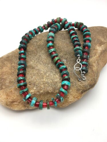 Turquoise Heishi 10mm Bamboo Coral Necklace | Navajo Sterling Silver | Native American Handmade | 20" |