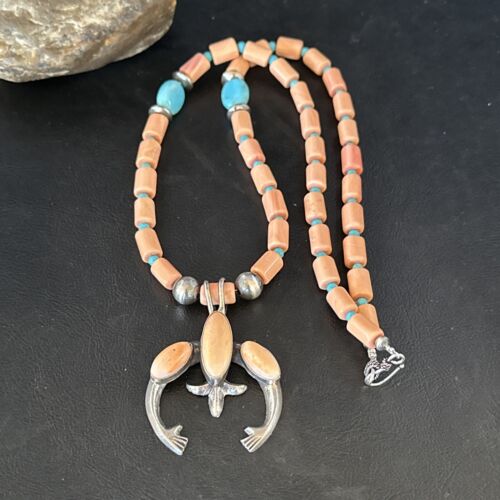 Navajo Pink Coral & Blue Turquoise Necklace with Naja Pendant | Sterling Silver | Native American Handmade | 14813