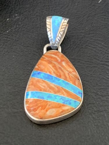 Men's Navajo Orange Spiny Oyster Blue Opal Inlay Pendant | Sterling Silver | Authentic Native American Handmade | 12485