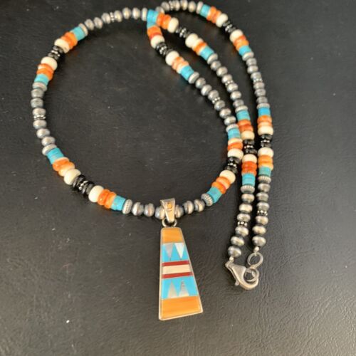 Navajo Multi-Color Turquoise Onyx Inlay Pendant Necklace | Sterling Silver | Authentic Native American Handmade | 13806