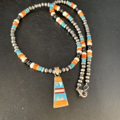 Navajo Multi-Color Turquoise Onyx Inlay Pendant Necklace | Sterling Silver | Authentic Native American Handmade | 13806