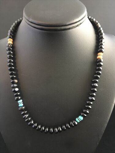 Navajo Black Onyx Turquoise Necklace | Sterling Silver | 18" | Authentic Native American Handmade | 10022