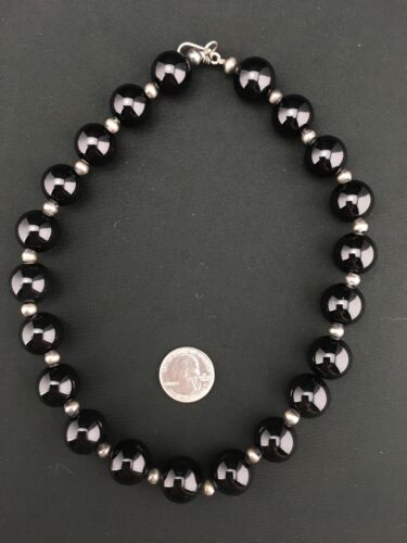 Navajo Sterling Silver Black Onyx Bead Necklace | 18" | Authentic Native American Handmade | 1104