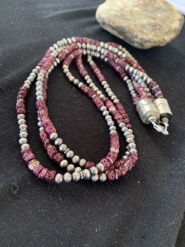 Navajo Purple Spiny Oyster Necklace | 3 Strand | Sterling Silver | 22" | Authentic Native American Handmade | 467