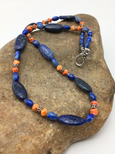 Navajo Lapis Lazuli & Spiny Oyster Necklace | Sterling Silver | Authentic Native American Handmade | 21" | 4507