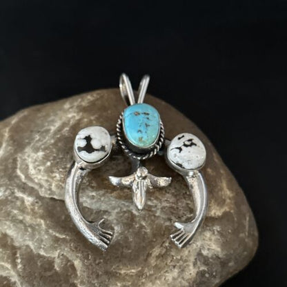 Navajo Blue Kingman Turquoise White Buffalo Naja Pendant | Sterling Silver | Authentic Native American Handmade | 14668
