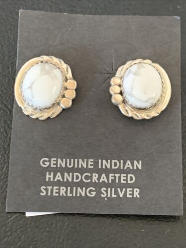 Navajo Sterling Silver White Howlite Oval Earrings | 0.50" | Authentic Native American Handmade | 13374