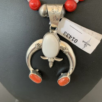 Navajo Sterling Silver Naja Pendant Necklace | White Buffalo Turquoise & Coral | Authentic Native American Handmade | 1433