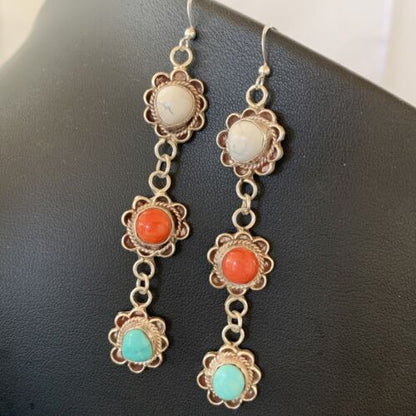 Navajo Spiny, Turquoise & Howlite Dangle Earrings | Sterling Silver | Authentic Native American Handmade | 1573