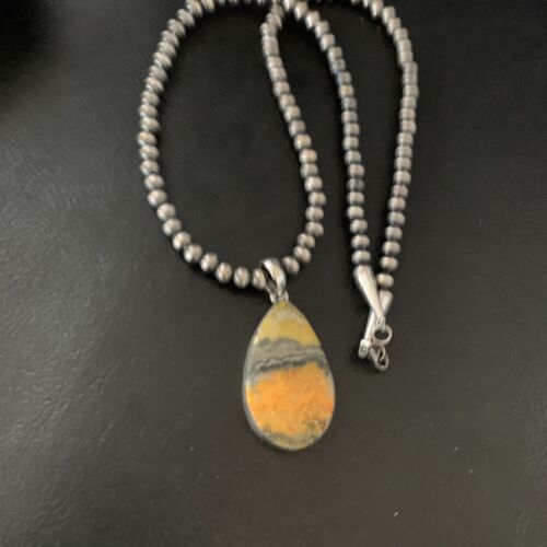 Navajo Yellow Bumblebee Jasper Pendant Necklace | Sterling Silver | Authentic Native American Handmade | 12805