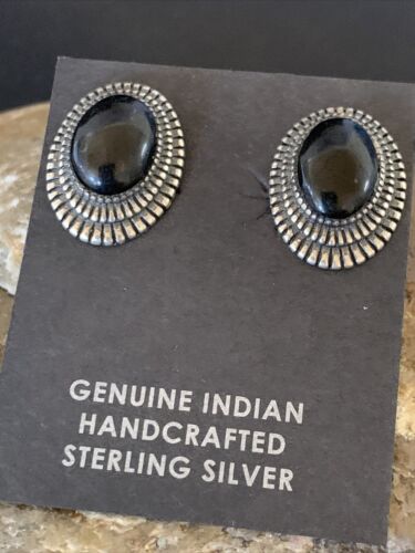 Navajo Black Onyx Stud Post Earrings | Sterling Silver | 0.5" | Authentic Native American Handmade | 12643