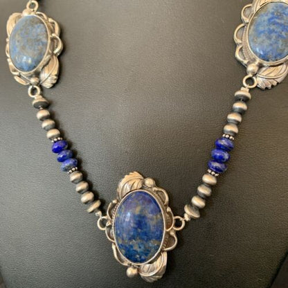 Navajo Pearls Necklace with 3 Stone Blue Denim Lapis Pendant | Sterling Silver | Native American Handmade | 10821