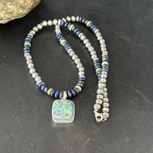 Navajo Green Turquoise Lapis Necklace with Opal Pendant | Sterling Silver | Native American Handmade | 14369