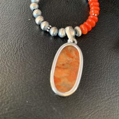 Navajo Red Apple Coral Necklace Pendant Naja | Sterling Silver | Authentic Native American Handmade | 13932