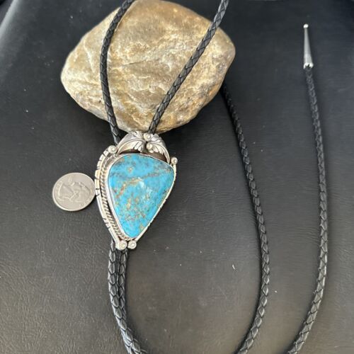 Navajo Blue Kingman Turquoise Bolo Tie | Sterling Silver | Authentic Native American Handmade | 14254