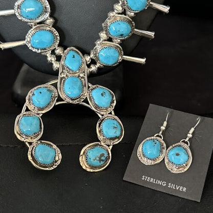 Kingman Turquoise Squash Blossom Necklace | Navajo Sterling Silver Naja | Authentic Native American | 14456